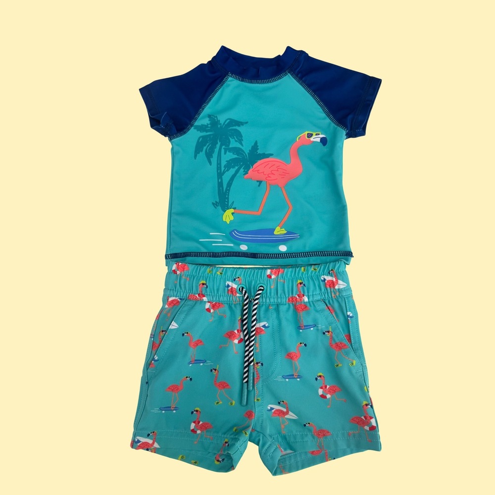 Andy & Evan Flamingo Rash Guard Trunks Two Piece Swim Set Size 3-6M